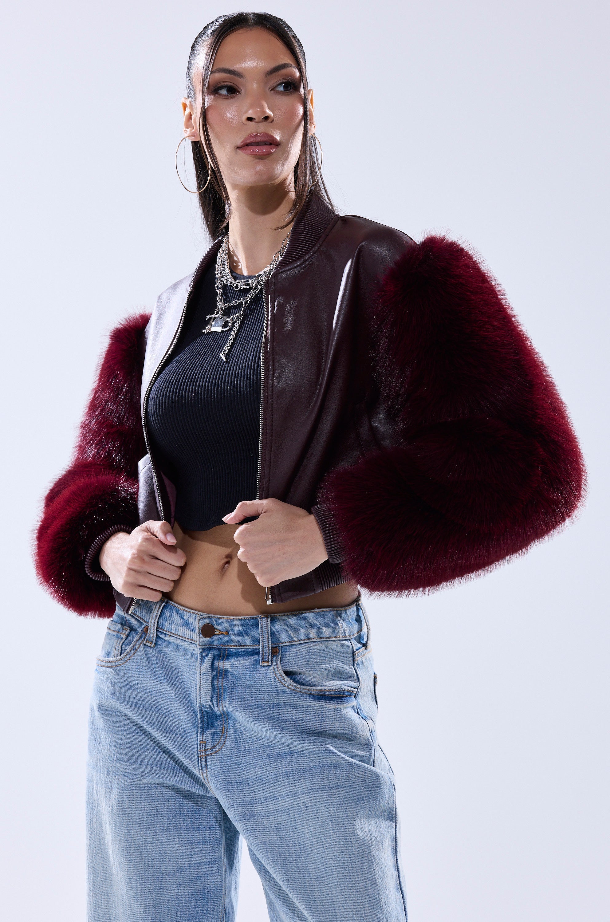SO GOOD IT HURTS FUR SLEEVE BOMBER IN BURGUNDY