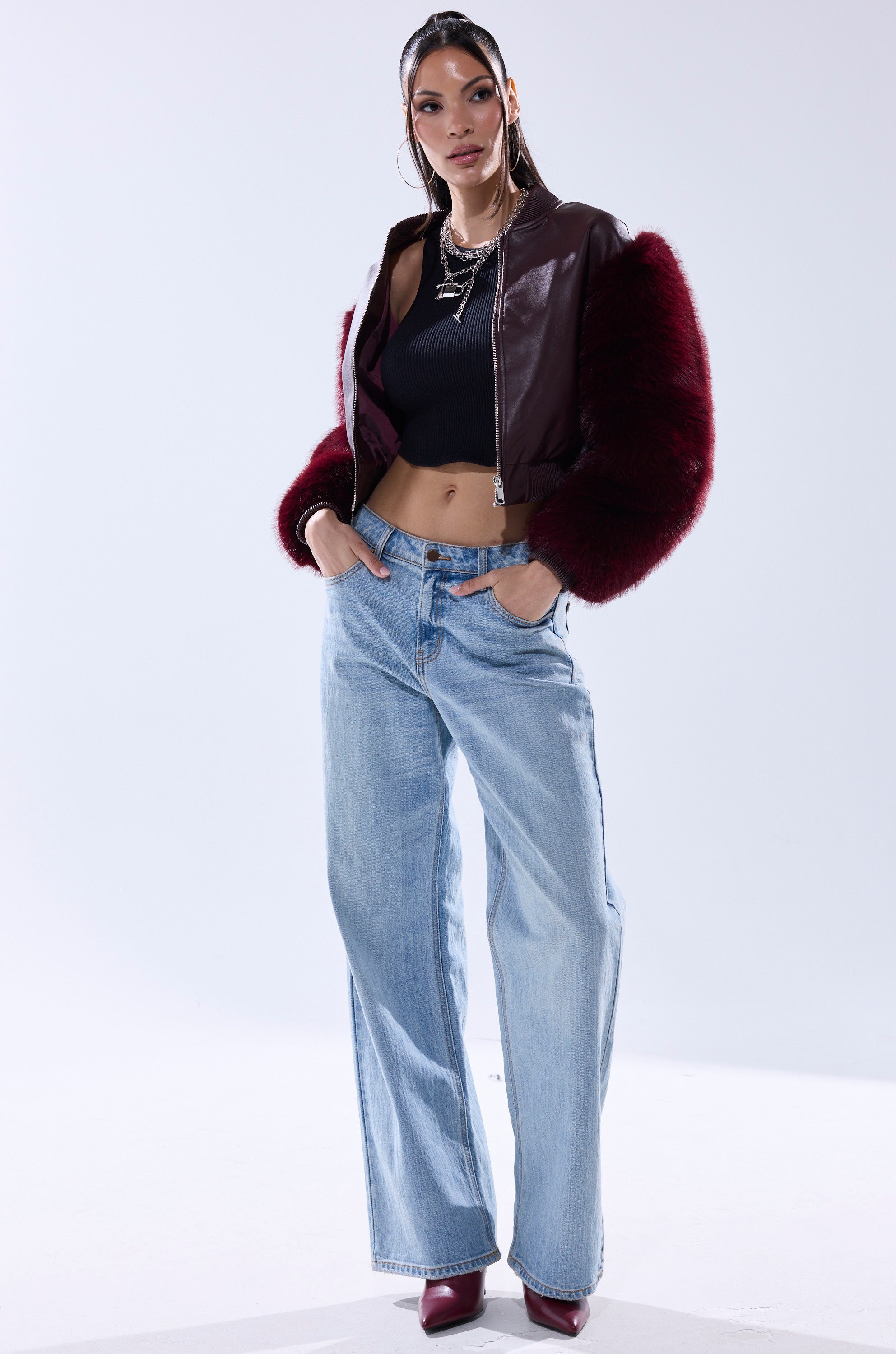 SO GOOD IT HURTS FUR SLEEVE BOMBER IN BURGUNDY