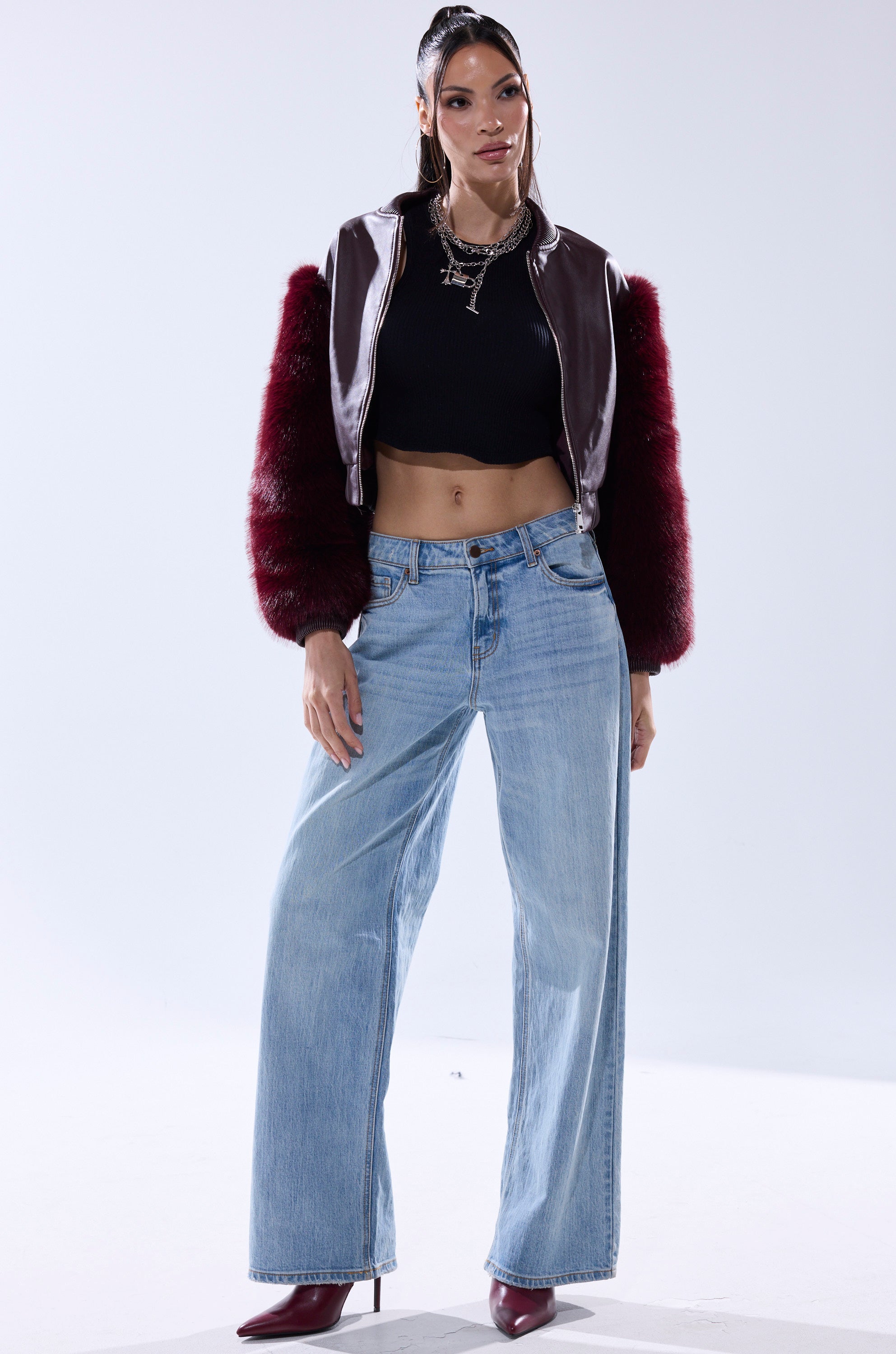 SO GOOD IT HURTS FUR SLEEVE BOMBER IN BURGUNDY