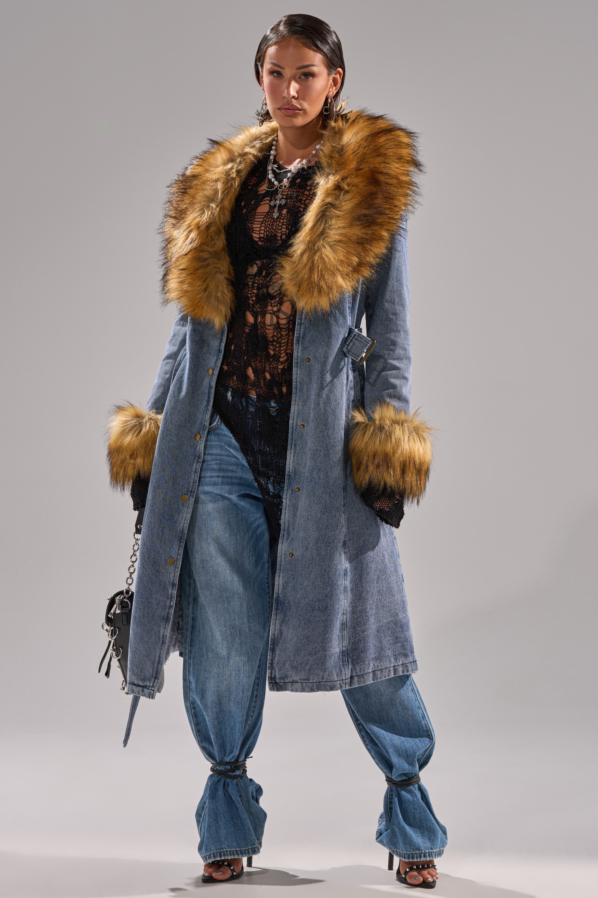 KAYA FUR TRIM DENIM TRENCH