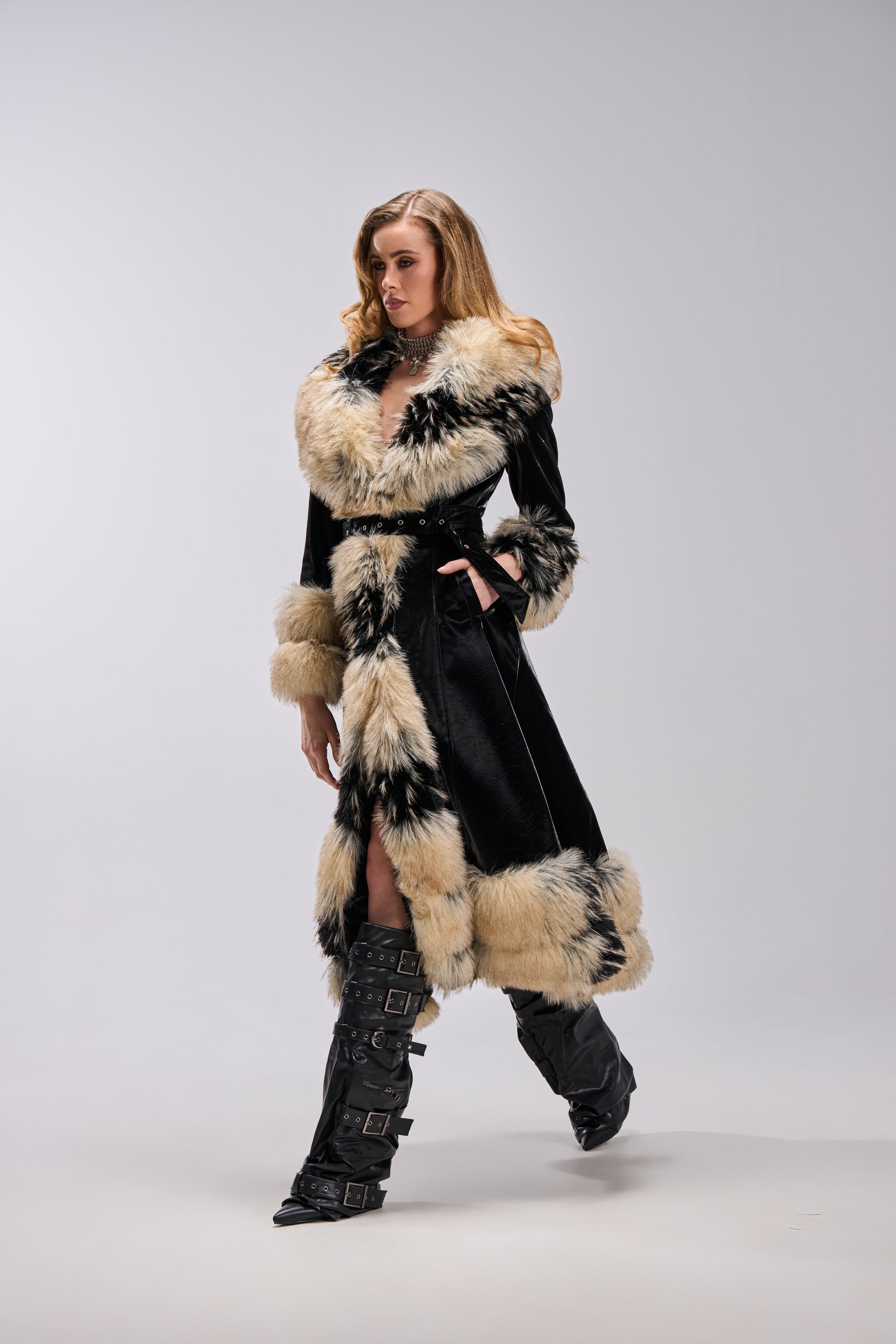 VIVIAN FUR TRIM TRENCH IN LIQUID VELVET