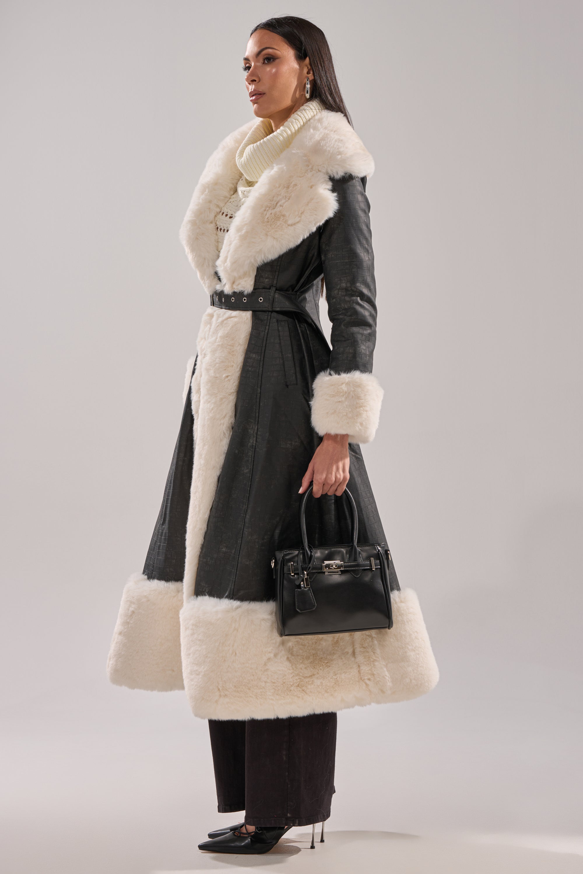 VIVIAN FUR TRIM TRENCH IN GREY