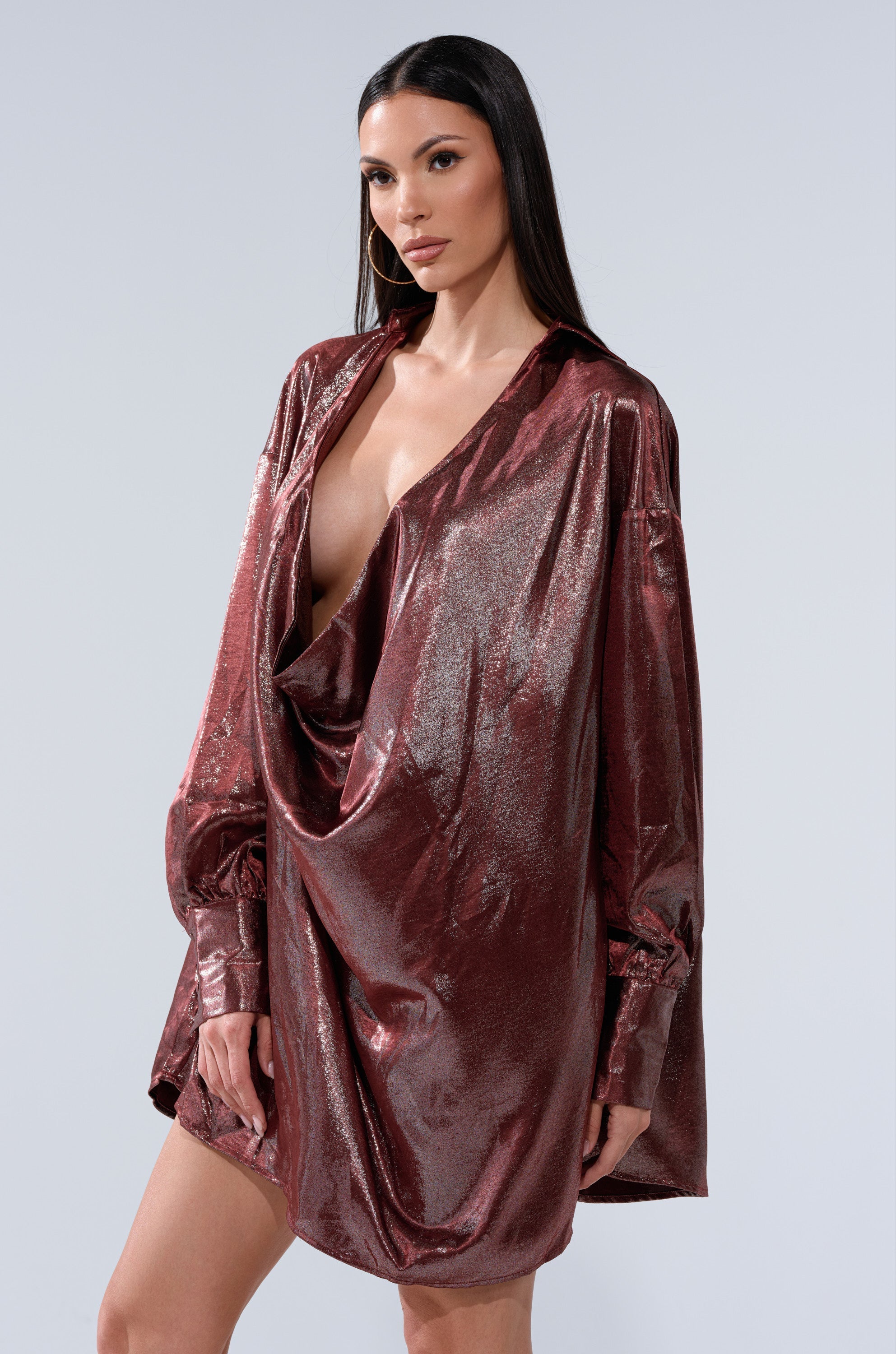 LENNON PLUNGING SATIN SHIRT DRESS