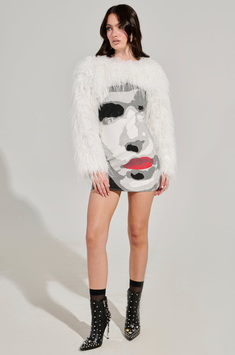 UP CLOSE SWEATER KNIT FAUX FUR MINI DRESS