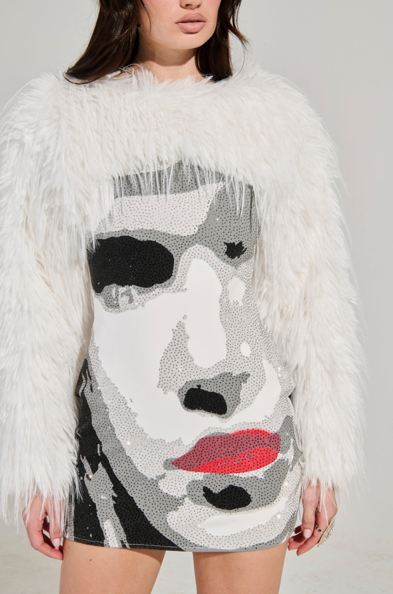 UP CLOSE SWEATER KNIT FAUX FUR MINI DRESS