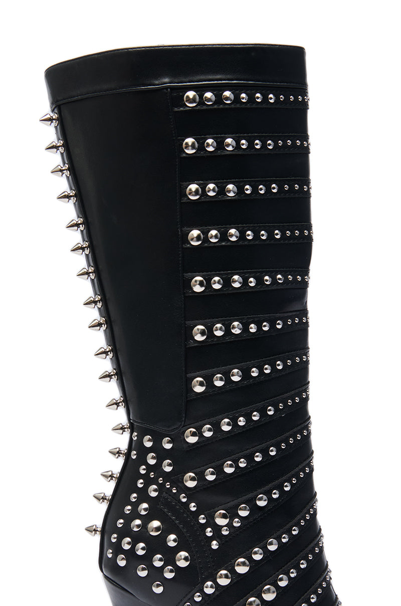 AZALEA WANG ZOX BLACK RHINESTONE AND STUDDED BLACK BOOTIE