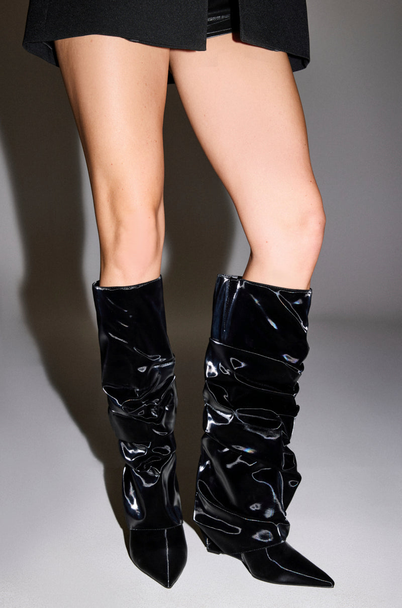 AZALEA WANG ZYLLA BLACK PATENT WEDGE RUCHED BOOT