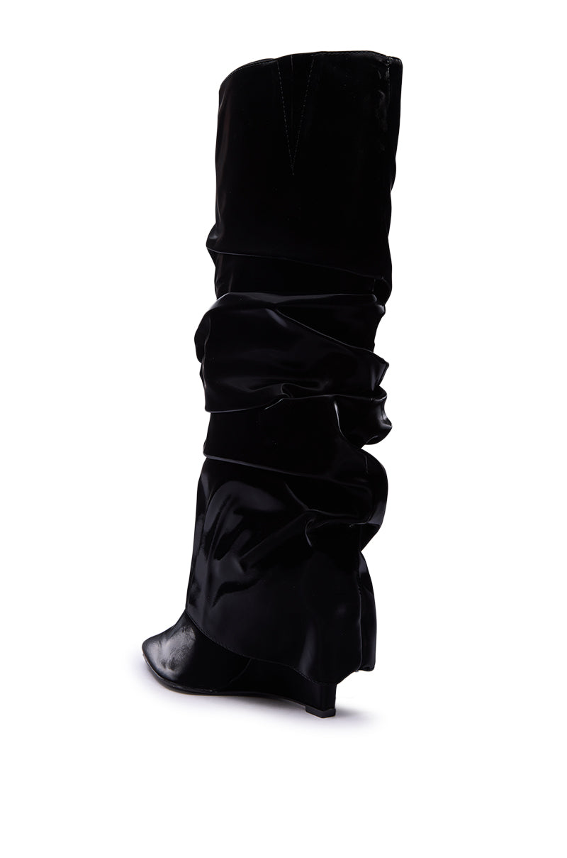 AZALEA WANG ZYLLA BLACK PATENT WEDGE RUCHED BOOT