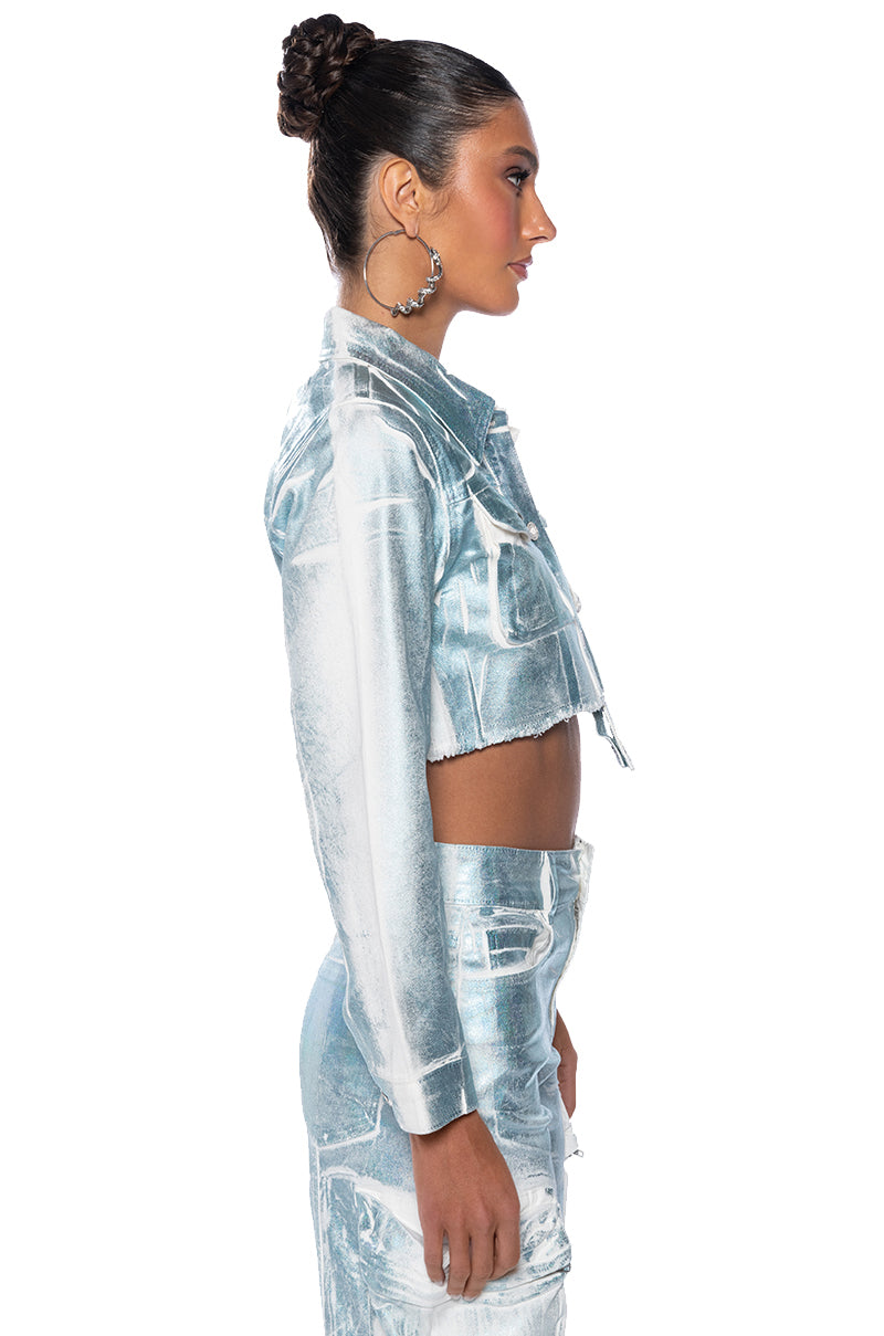 AUBREY BRUSHED METALLIC CROPPED DENIM JACKET
