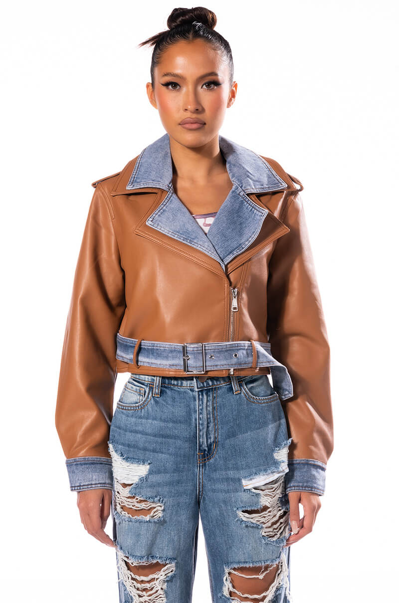 DOUBLE TROUBLE DENIM MOTO JACKET