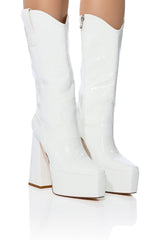 AZALEA WANG KACEY CHUNKY PATENT WESTERN BOOT IN WHITE