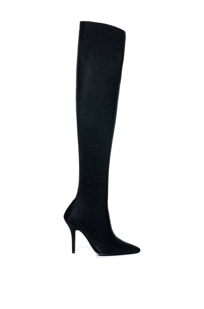 AZALEA WANG HEARTOUT THIGH HIGH STILETTO BOOT IN BLACK STRETCH
