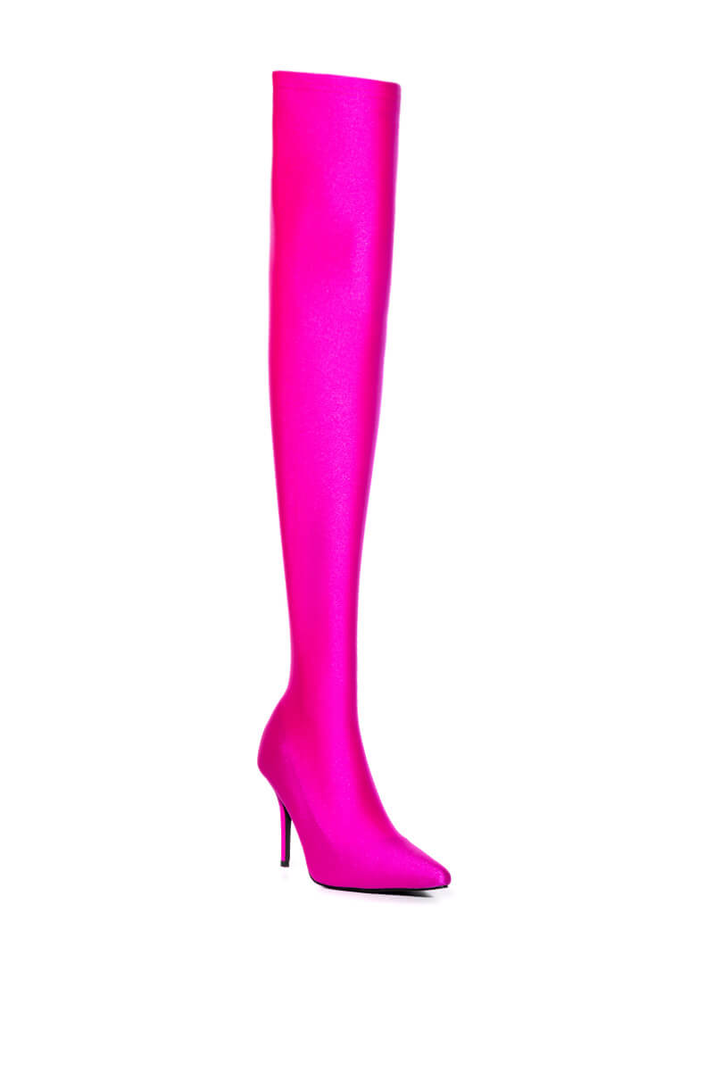 AZALEA WANG HEARTOUT THIGH HIGH STILETTO BOOT IN FUCHSIA STRETCH
