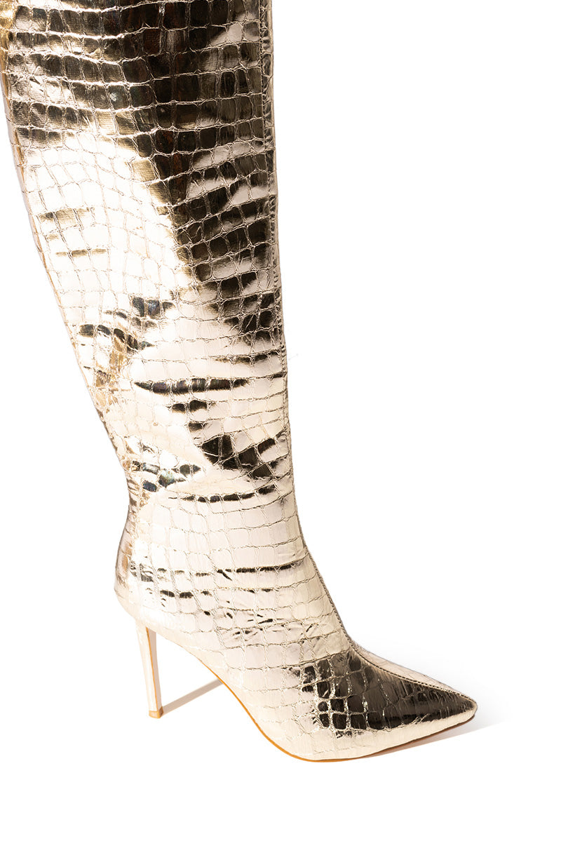 AZALEA WANG THRILLER OVER THE KNEE STILETTO BOOT IN GOLD