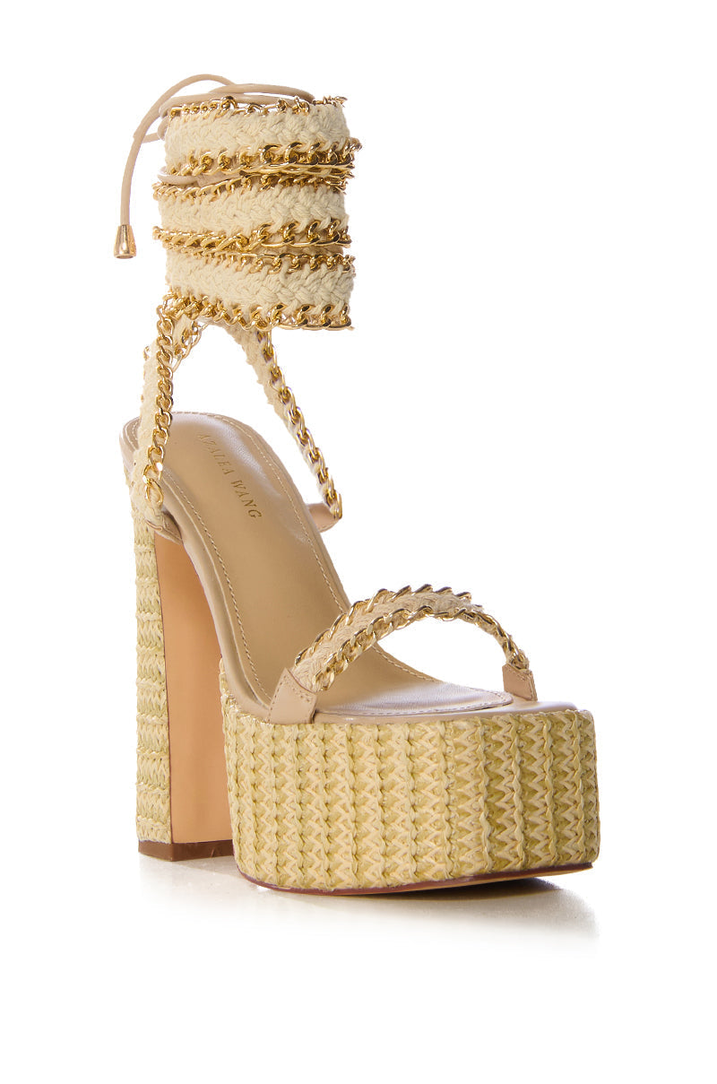 AZALEA WANG WYLIE BEIGE WITH GOLD CHAIN PLATFORM SANDAL