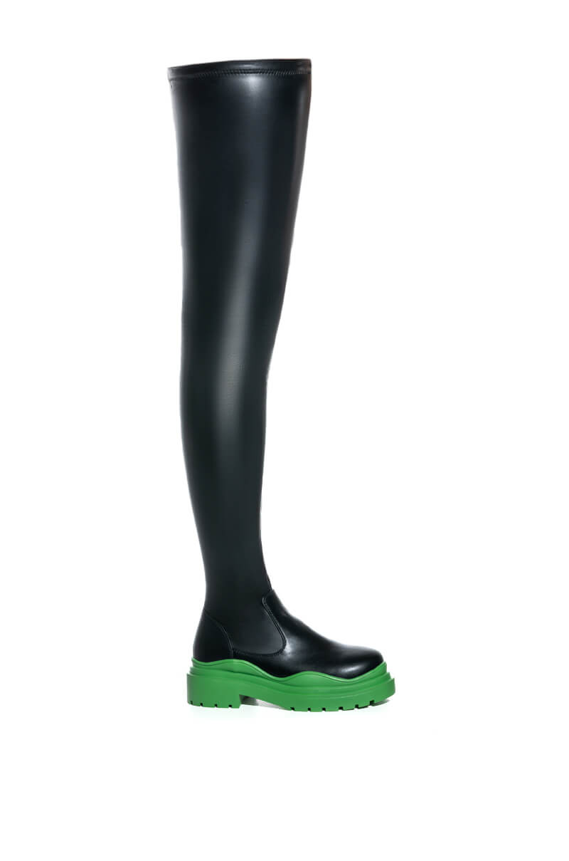 AZALEA WANG NAOMI THIGH HIGH STRETCH FLATFORM BOOT IN GREEN