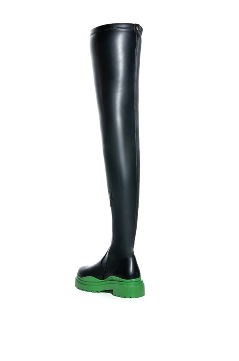 AZALEA WANG NAOMI THIGH HIGH STRETCH FLATFORM BOOT IN GREEN