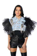 BEBE LUXE EMBELLISHED DENIM AND TULLE CROP VEST