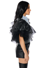 BEBE LUXE EMBELLISHED DENIM AND TULLE CROP VEST