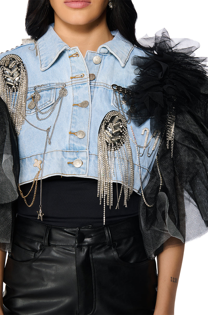 BEBE LUXE EMBELLISHED DENIM AND TULLE CROP VEST