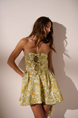 BELLE OF THE BALL BROCADE MINI DRESS IN GREEN MULTI
