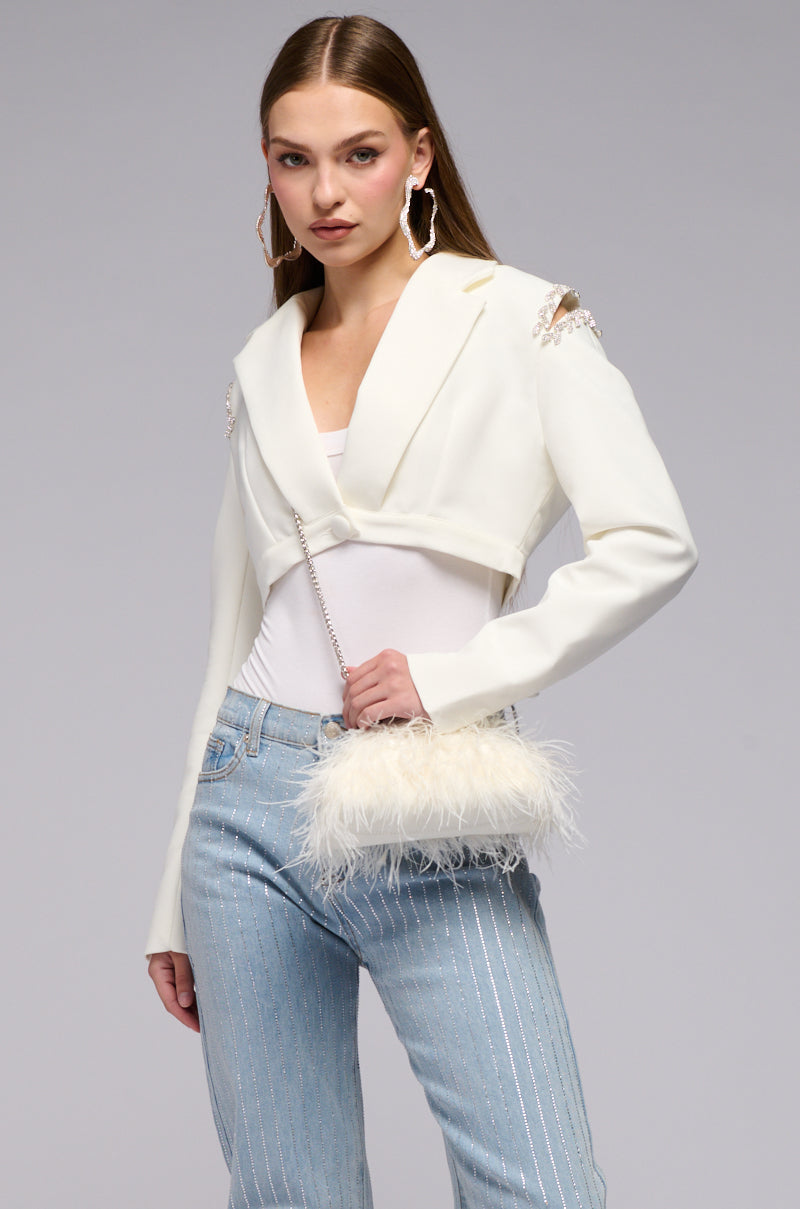 CROP COLD SHOULDER BLAZER WTIH RHINESTONE
