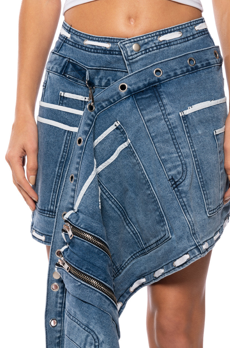 CURIOUS ABOUT YOU ASYMMETRICAL DENIM UTILITY SKIRT