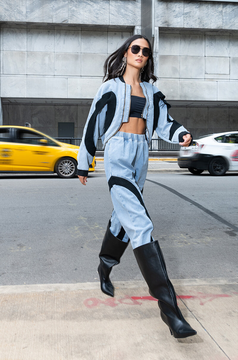 CURVE EFFECT RIBBED TRIM DENIM JOGGER