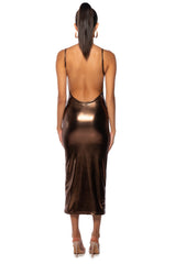 GLOW BABY BACKLESS METALLIC MAXI DRESS
