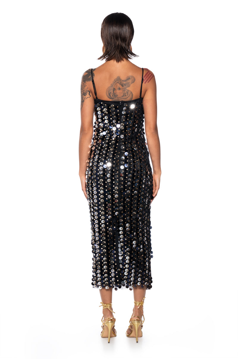 GOLD COIN SEQUIN MIDI DRESS
