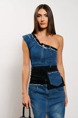 LET IT HAPPEN DENIM ONE SHOULDER TOP