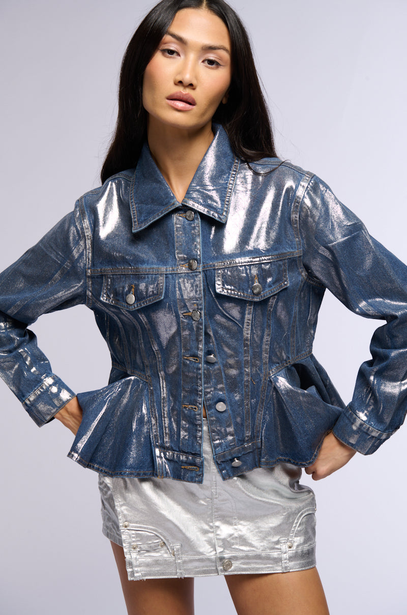 MONIQUE FLOWER DETAIL METALLIC DENIM JACKET