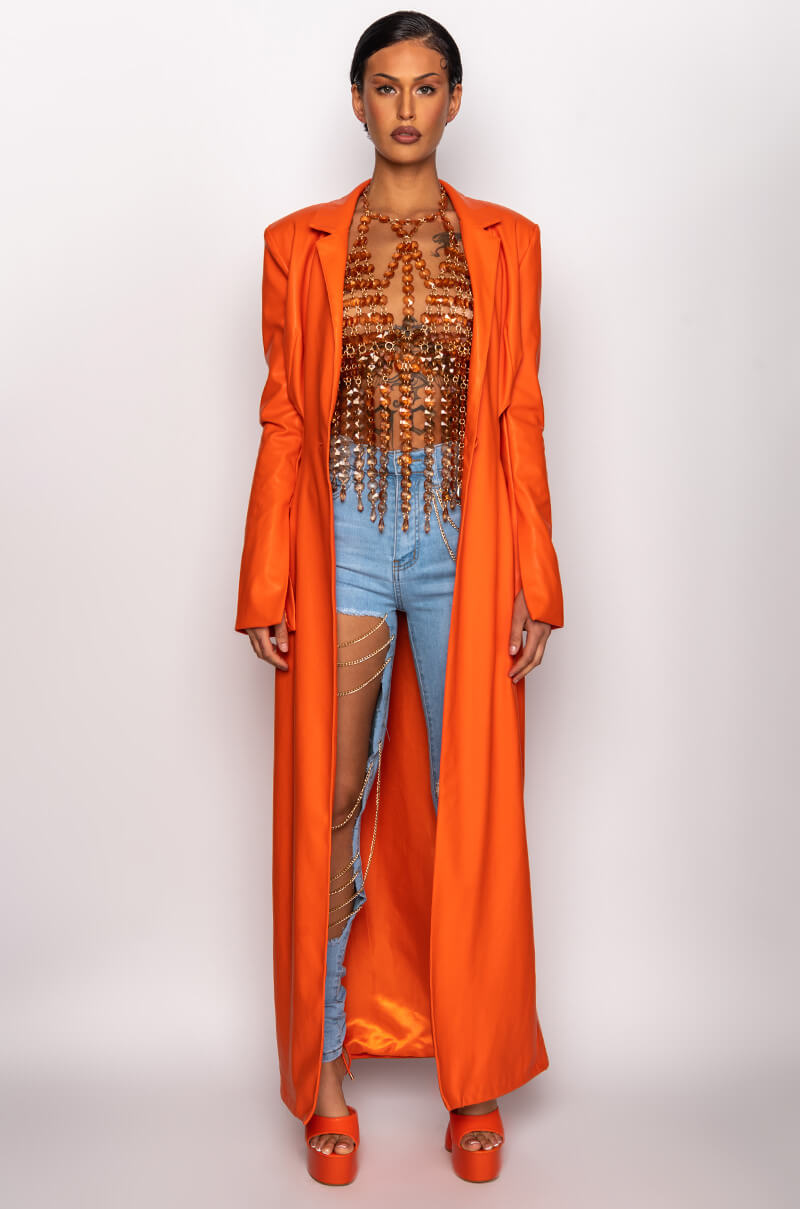 MORE LIFE ORANGE CUT OUT PLEATHER TRENCH