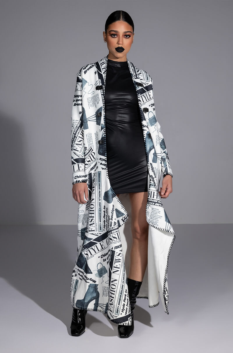 PARTY LIKE ITS 2002 NEWSPAPER PRINT LONG CARDIGAN