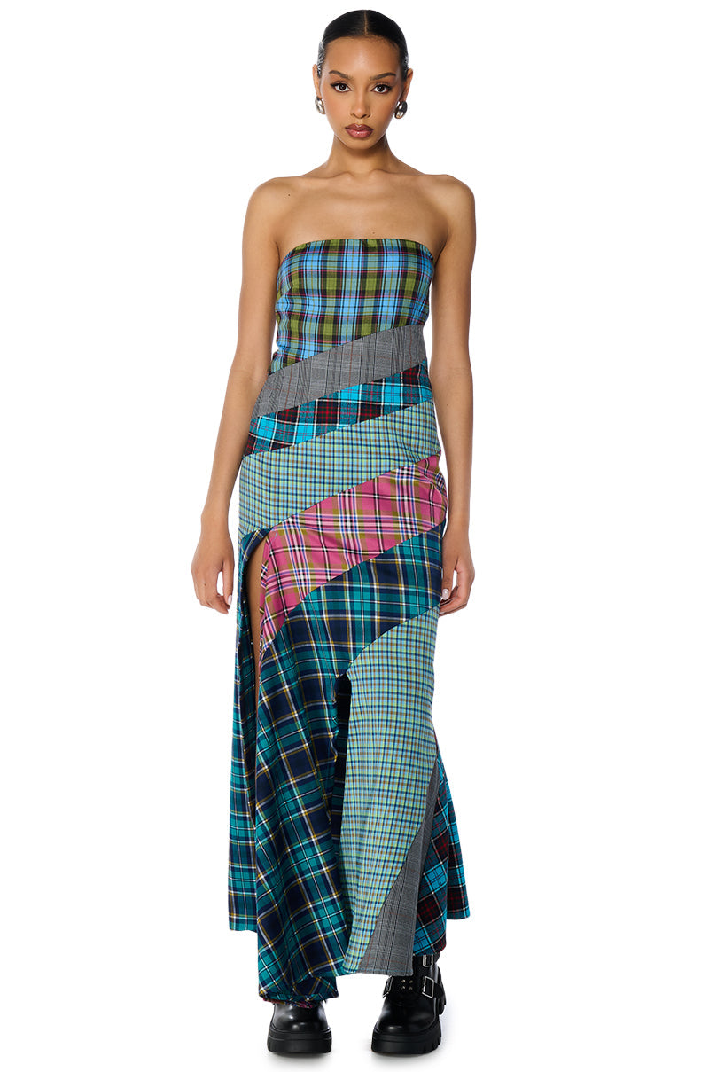 PATCHIN IT UP PLAID MAXI DRESS