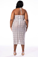 PLUS CHAIN ME UP RHINESTONE MESH MIDI DRESS