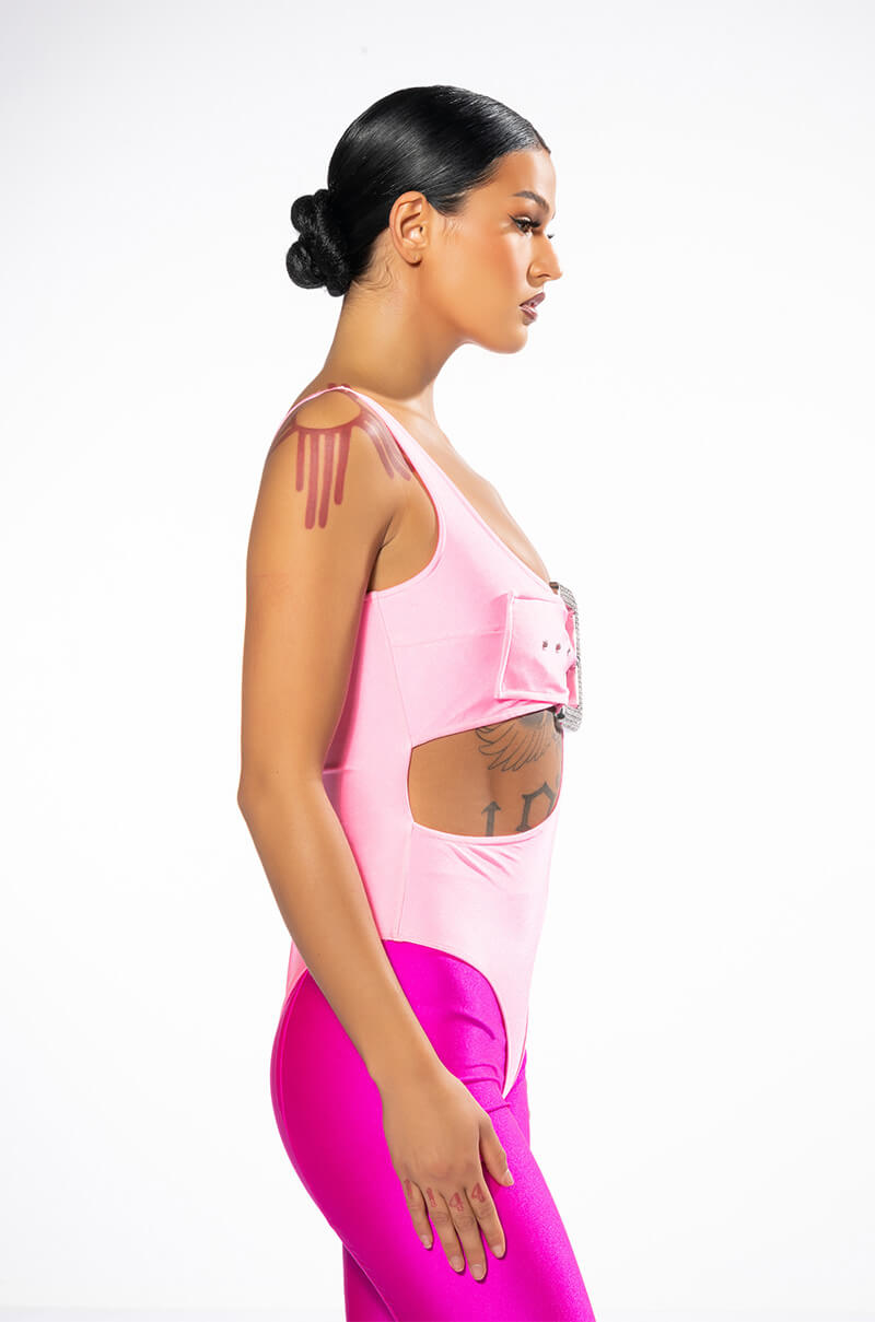SPOTLIGHT BUCKLE DETAIL CUTOUT CHEEKY BODYSUIT