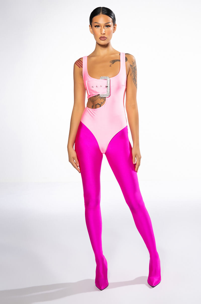 SPOTLIGHT BUCKLE DETAIL CUTOUT CHEEKY BODYSUIT