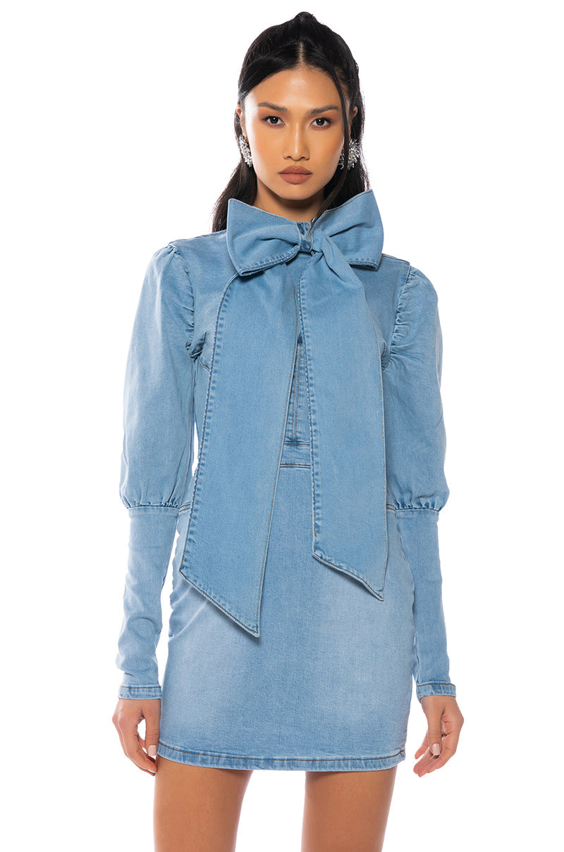 TAKE A BOW DENIM LONGSLEEVE MINIDRESS