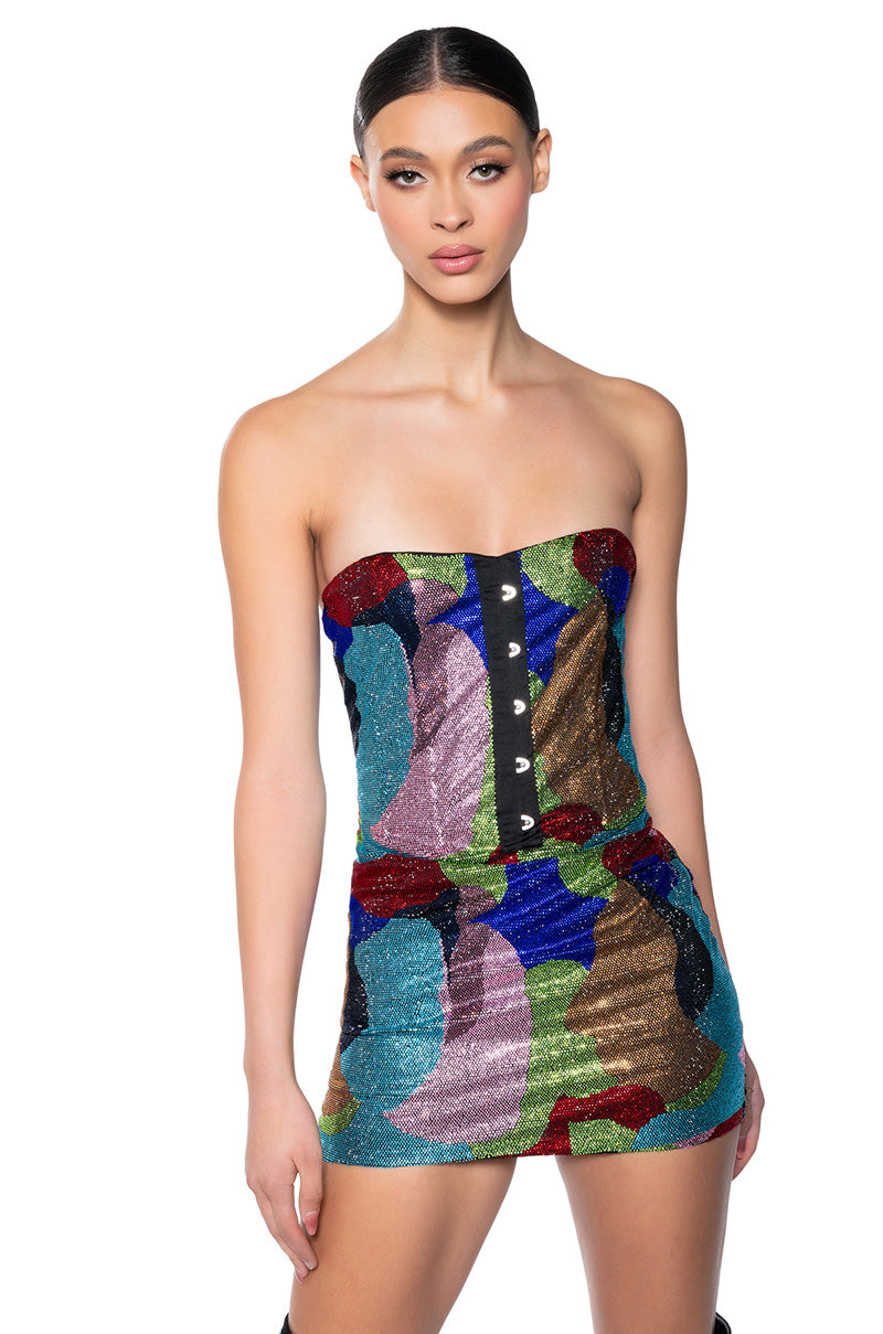 WORK OF ART RHINESTONE MINI DRESS IN MULTI