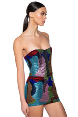WORK OF ART RHINESTONE MINI DRESS IN MULTI