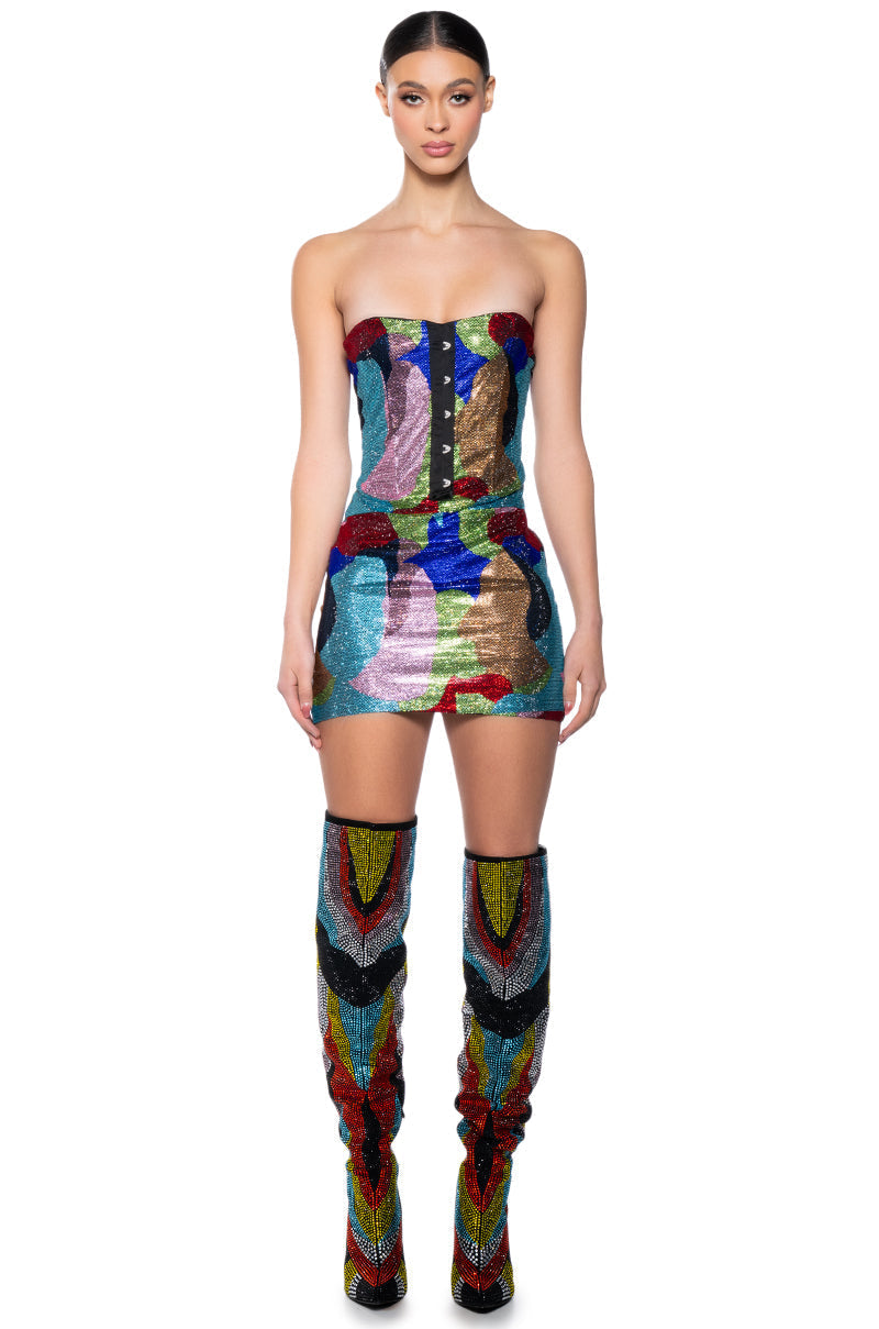 WORK OF ART RHINESTONE MINI DRESS IN MULTI