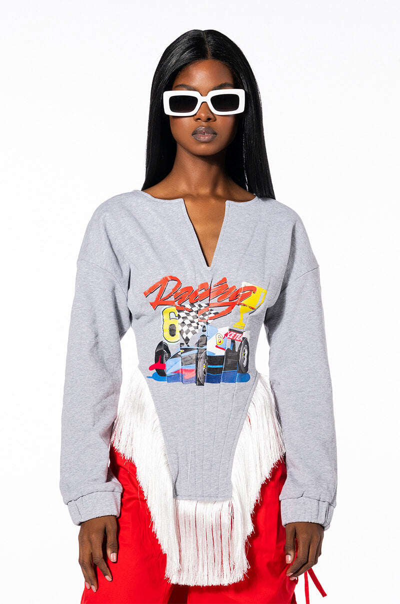 ZOOM ZOOM CORSETED FRINGE SWEATSHIRT