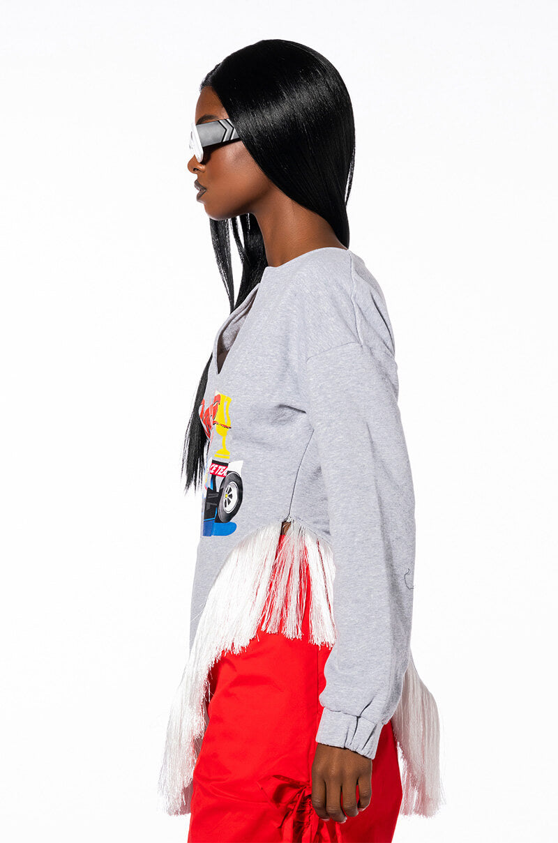 ZOOM ZOOM CORSETED FRINGE SWEATSHIRT
